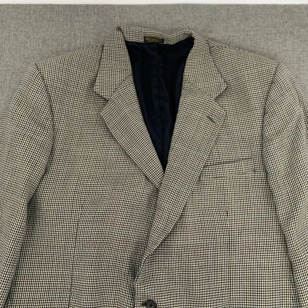 Vintage Mens Oscar‎ de la Renta Blazer Houndstooth 46L 100% Wool Line Ivory Navy